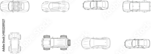 Fotografia Top View Line Drawings Of Sports Cars And SU Vs Keywords: car, automobile, vehic