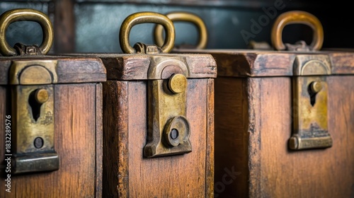 Detailed closeup of aged brass lock on antique wooden chest
