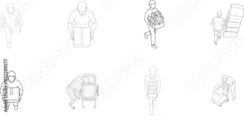 Variety of line art figures carrying stacked boxes and crates