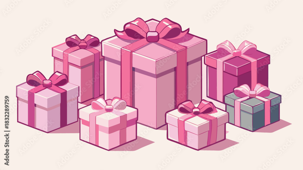 Obraz premium Pink gift boxes adorned with bows and ribbons, arranged attractively for a festive presentation..eps