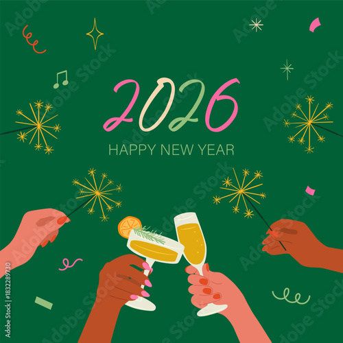 2026 happy new year green poster hand holding sparkler bengal fire and cocktail glass
