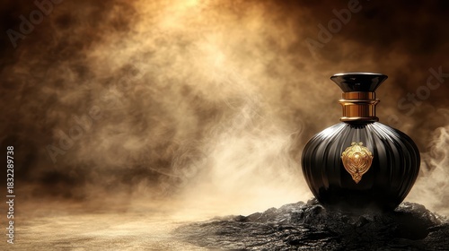 Elegant Black Perfume Bottle in Smoky Mysterious Environment