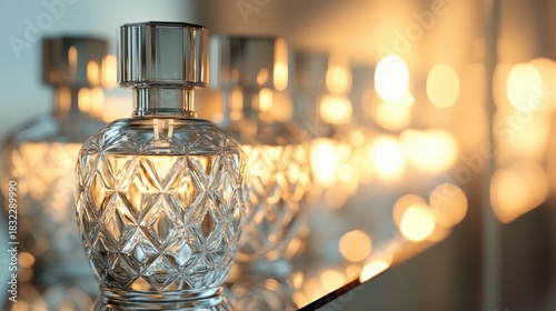 Elegant perfume bottle displayed on mirrored shelf with lights