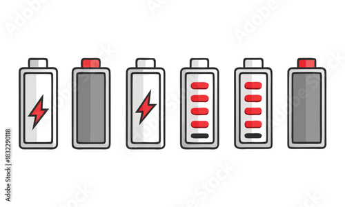 Set of battery icons in various colors, representing different charge levels and statuses..eps