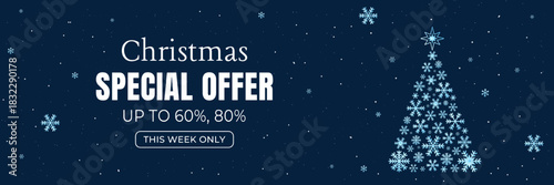 Christmas sale vector banner with snowflake tree, falling snow and bold discount text on a dark winter background. Perfect for holiday promotions, ads, websites and seasonal marketing designs.