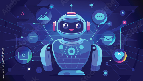 Illustration of a futuristic tech robot with sleek design and glowing features, set against a digital background..eps