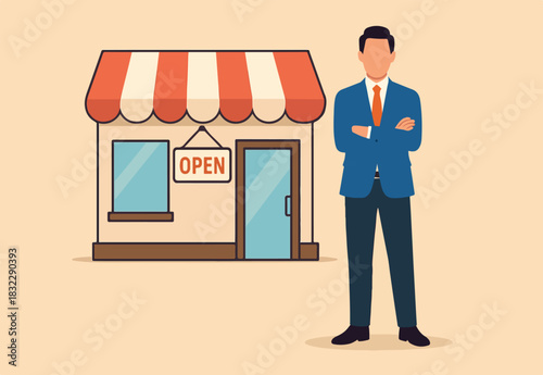 Business owner and entrepreneur start small business or retail shop, open store front or online shop concept, confidence businessman entrepreneur standing with his new opening company or store front.