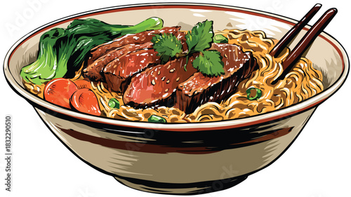 Delicious Bowl of Noodles with Meat and Vegetables - Exquisite Food Photography