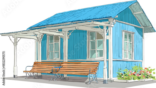 Modern Building with Blue Roof and Bench, Vector Illustration