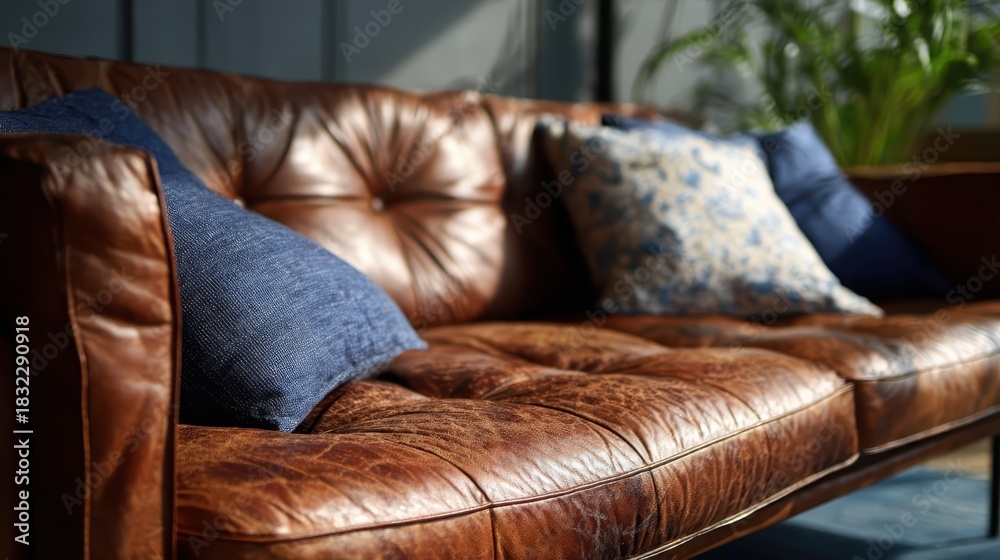 Fototapeta premium Brown leather sofa with decorative cushions in a sunlit room featuring indoor plants and soft textures