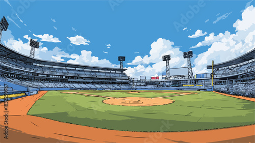 Cartoon Baseball Stadium with Blue Sky and Players in Action