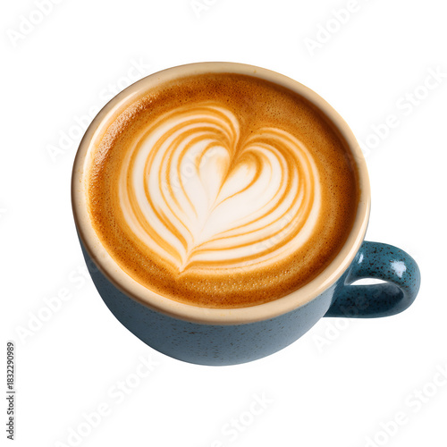 Latte art coffee cup PNG, creamy cappuccino top view, isolated espresso drink with foam rosetta for cafe menu