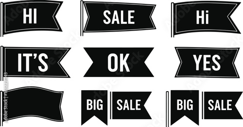 Black Flag Banner Vector Icon Set Silhouette, Decorative Pennant Sign Graphics, Retro Communication and Message Elements, Isolated Sale and Greeting Design Collection