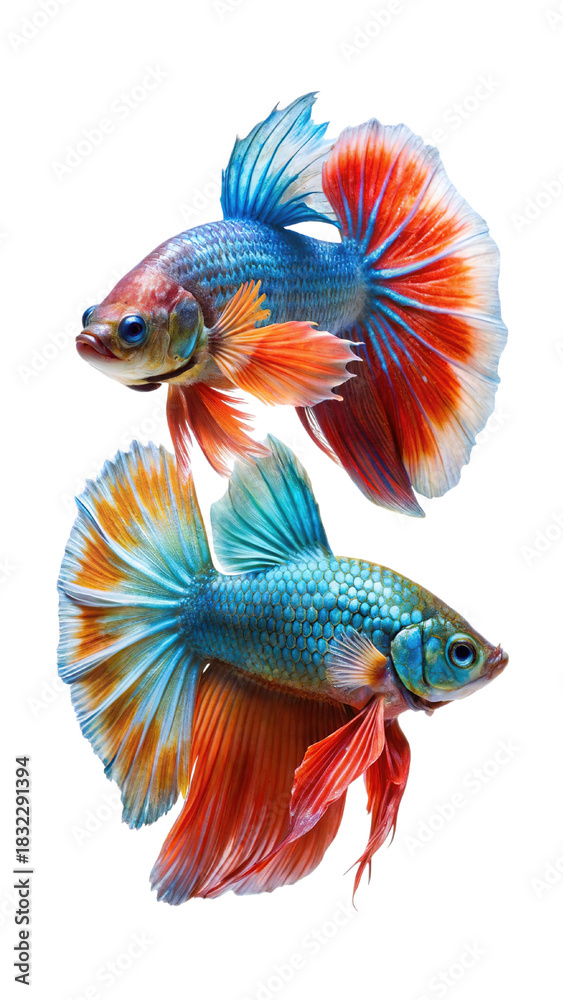 Obraz premium Vibrant siamese fighting fish with flowing fins displayed together isolated on transparent background
