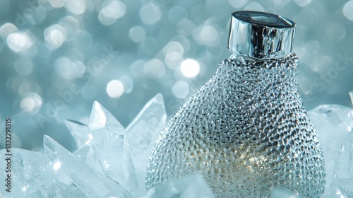 Elegant perfume bottle with textured glass and silver cap