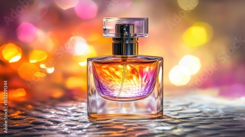 Elegant perfume bottle with vibrant colors and bright reflections