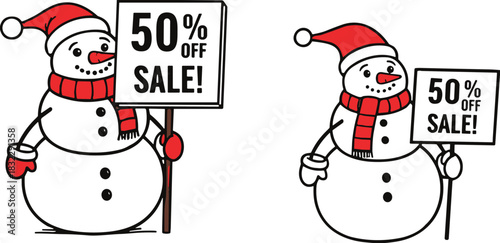 Cute Snowman Characters Vector Set Holding 50% Off Sale Signs, Festive Winter Holiday Discount and Christmas Promotion Graphic Illustration, Isolated Design