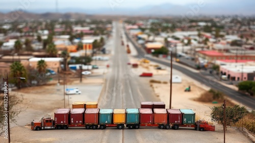 Fototapeta Naklejka Na Ścianę i Meble -  Miniature trucks loaded with containers along a long road