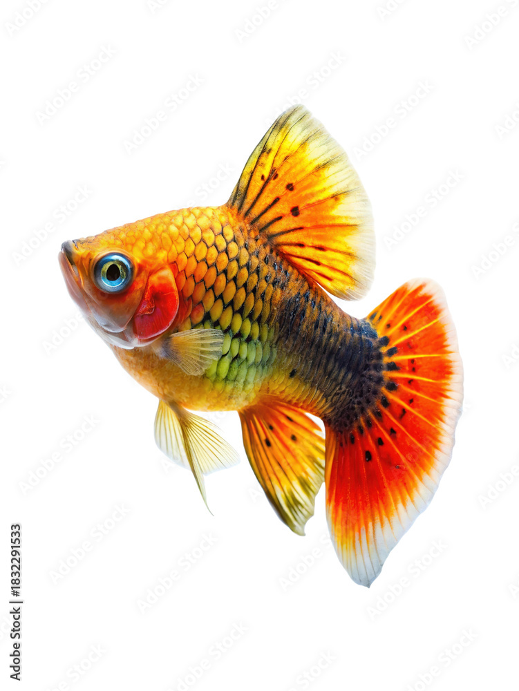 Fototapeta premium Vibrant orange and yellow guppy fish with detailed scales and fins isolated on transparent background