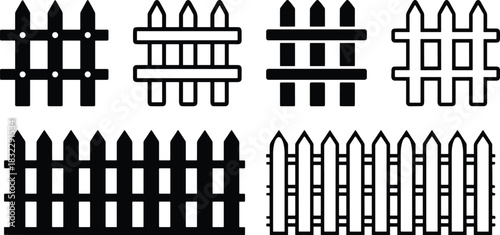 Black Picket Fence Vector Icon Set Silhouette, Wooden Garden Fence Barrier Graphics, Various Style Boundary Elements, Isolated Design for Privacy and Home