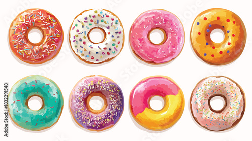 Variety of Colorful Sprinkled Donuts in Vector Illustration