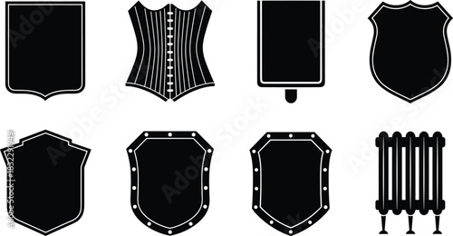 Black Silhouette Vector Set of Heraldic Shields, Vintage Corset, and Cast Iron Radiator Icons, Victorian Style Protection and Fashion Elements Graphics