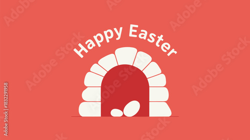 Happy easter greeting with stylized archway and eggs on a simple red background