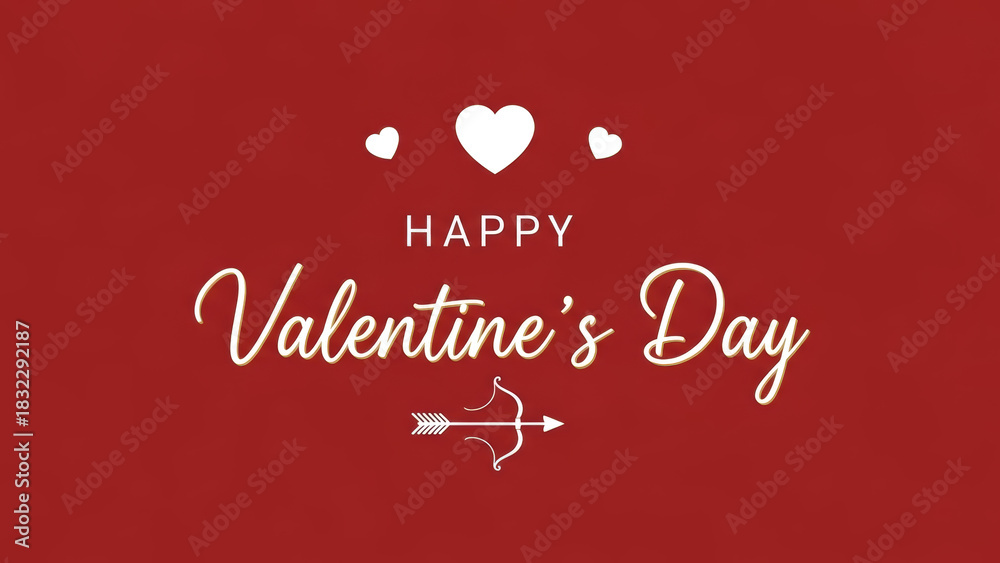 Naklejka premium Happy Valentine's Day greeting card design with gold typography, white hearts, and a cupid's arrow on red background.