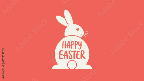 Cute white easter bunny silhouette with happy easter text on a coral pink background