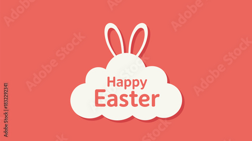 Happy easter greeting with cute white bunny ears emerging from a cloud shape