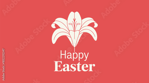 Elegant white easter lily flower and text happy easter on a coral red background