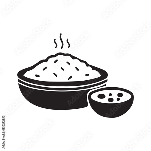 Bowl of Steamed Rice with Side Dish (Curry or Dal) - Food Icon/Silhouette