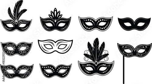 Elegant Black Masquerade Mask Collection Silhouette Vector, Feathered Carnival Ball Eye Masks, Venice Mardi Gras Party Decoration Graphics, Isolated Design Elements