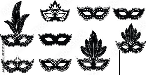 Detailed Black Masquerade Mask Vector Set Silhouette, Carnival Feathers Eye Masks Collection, Elegant Venice Party Costume Graphics, Isolated Ornamental Design Elements