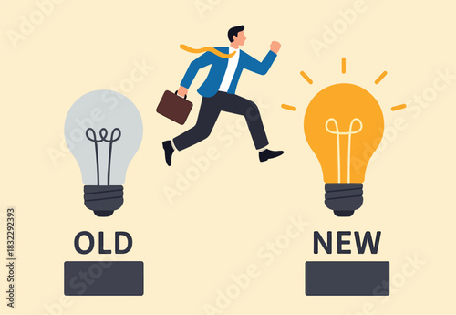 Business transformation, change management or transition to better innovative company, improvement and adaptation to new normal concept, smart businessman jump from old to new shiny lightbulb idea.