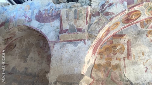 Medieval frescos in the St. Nicholas church in Myra. Demre, Antalya, Turkey. Byzantine wall-painting. History of religion and art concept.