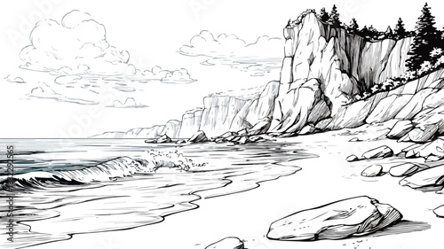 Serene Beach Drawing with Cliff and Ocean View