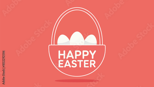 Minimalist illustration of a white easter basket filled with three white eggs and the words happy easter