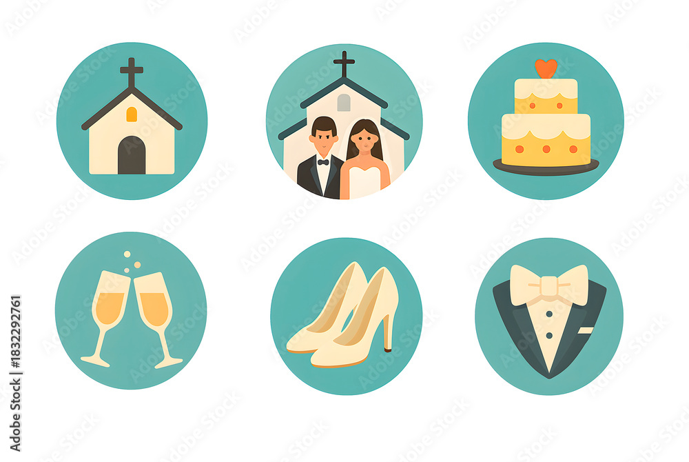 Fototapeta premium Wedding Ceremony and Celebration Icons Set — Church, Bride and Groom, Wedding Cake, Champagne Glasses, Bridal Shoes and Groom Suit for Event and Love Themes