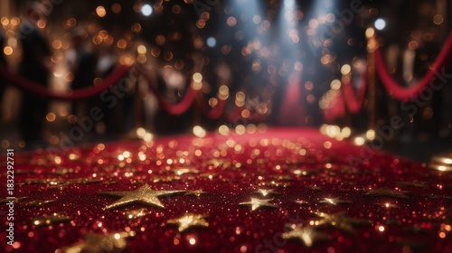 Golden Stars on Red Carpet with Glamorous Bokeh Lights