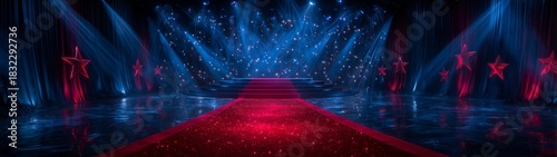 Cinematic Award Show Stage with Red Carpet and Blue Spotlights
