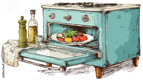 Blue Oven with Plate of Food Vector Illustration