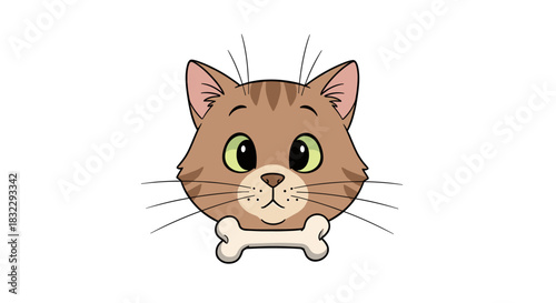 Cute cartoon cat head with a small bone in its mouth illustration isolated on white background