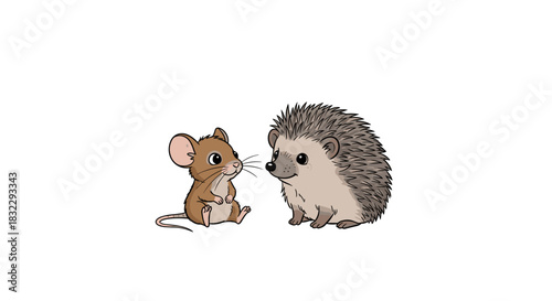 Cartoon illustration of a small brown mouse and a cute hedgehog interacting isolated on white background