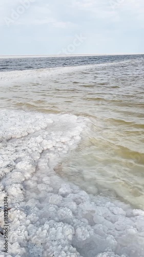 White-salted desert lake Baskunchak, a dead lake. Astrakhan region, Russia