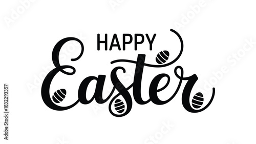 Happy easter handwritten calligraphy text with decorative easter eggs on a white background