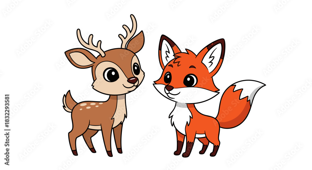 Fototapeta premium Cartoon style illustration of a cute young deer and friendly fox isolated on white background
