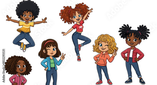 Six cheerful diverse cartoon girls in playful poses with various hairstyles isolated on white background illustration