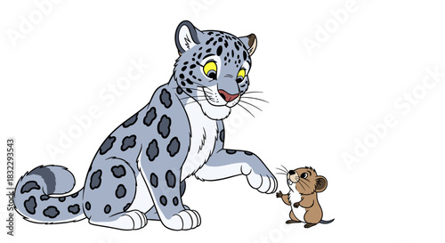 Adorable cartoon snow leopard gently greeting a little mouse showcasing an unlikely friendship isolated on white background