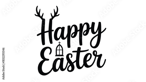 Happy easter handwritten calligraphy with antlers and church window graphic design